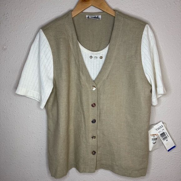 Vintage Teddi Mock Vest Top Blouse Tan & White Short Sleeve 80s Women’s Size Med - Picture 1 of 12